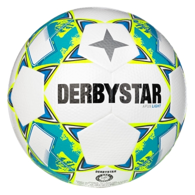 Derbystar Piłka nożna Apus Light (idealna dla młodzieży E i D, 350g) biała/żółta/niebieska - 1 piłka