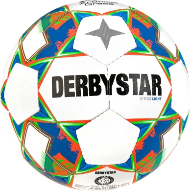 Derbystar Piłka Nożna Atmos Light AG (idealna dla młodzieży E i D, piłka na sztuczną trawę, 350g) biała/niebieska/pomarańczowa - 1 piłka