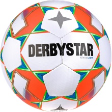 Derbystar Piłka Nożna Atmos Light AG (idealna dla młodzieży E i D, piłka na sztuczną trawę, 350g) biała/niebieska/pomarańczowa - 1 piłka