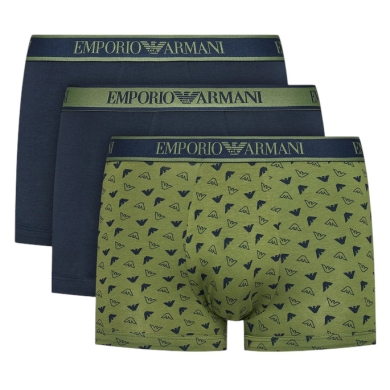 Emporio Armani bielizna bokserki trunk bawełniane ciemnoniebieskie/zielone w wzory dla mężczyzn - 3 sztuki