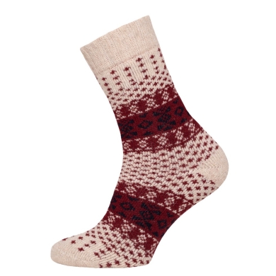 HomeOfSocks Skarpetki wełniane Hygge Kolorowe Jacquard beżowo/czerwone - 1 para