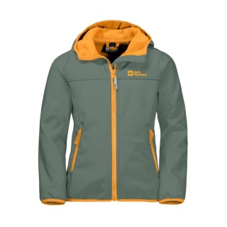 Jack Wolfskin Softshellowa kurtka Fourwinds (odporna na wiatr i wodę) ciemnozielona/pomarańczowa dziecięca