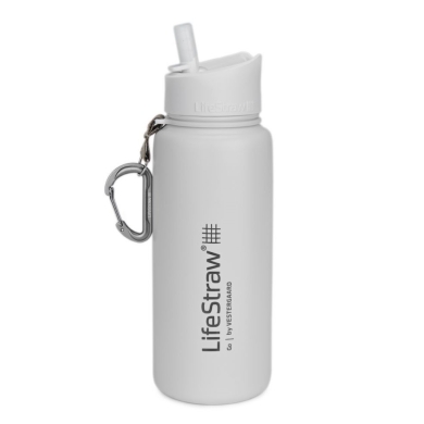 LifeStraw Butelka na wodę Go ze stali nierdzewnej z filtrem, zatyczka z silikonowym ustnikiem, karabinek biały - 650 ml