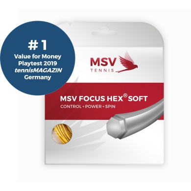 MSV Nici tenisowe Focus Hex Soft 1.20 (Trwałość+Kontrola+Moc+Spin) żółty 12m Zestaw