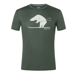 super natural Koszulka turystyczna/rekreacyjna Graphic Skiing Bear (Niedźwiedź) - mieszanka wełny merino - ciemnozielona męska