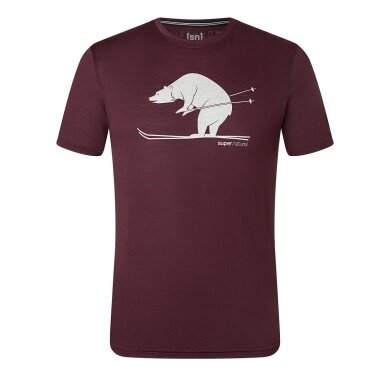 super natural Koszulka turystyczna/rekreacyjna Graphic Skiing Bear (Niedźwiedź) - mieszanka wełny merino - bordowa Męska